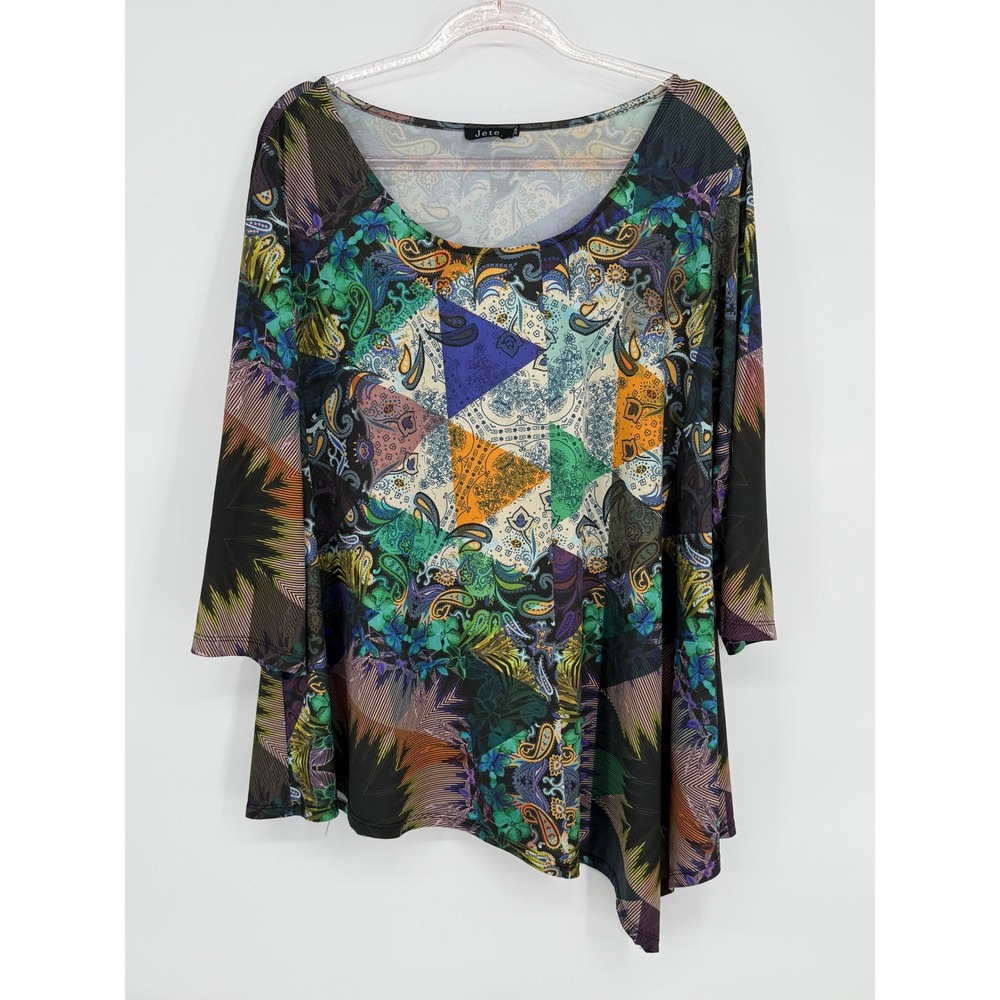 Jete 2X Multicolor‎ Paisley Print 3/4 Sleeve Flowy Asymmetric Hem Tunic Top